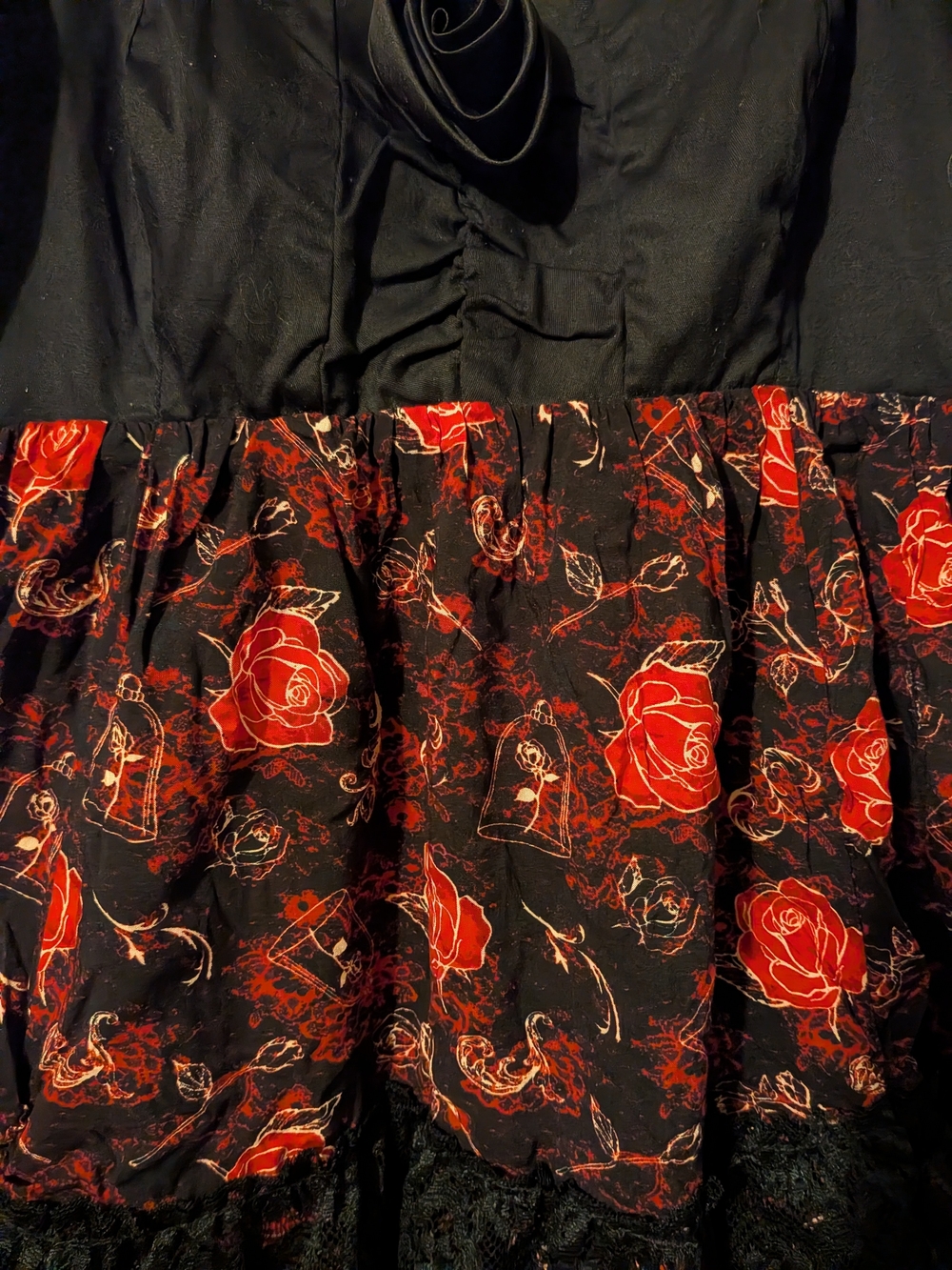 Hot Topic X Disney Beauty And The Beast Black and Red Rose LaceTrim Babydoll Top - Picture 2 of 4